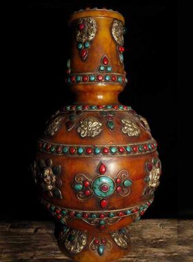 手工古玩花瓶摆件家居装饰宝宝石老蜜蜡式收藏品镶嵌藏吉祥八西藏