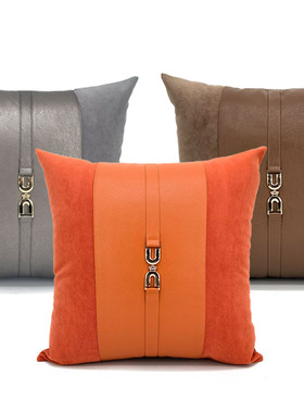 高档轻奢橙色咖色高级灰色抱枕沙发靠垫拼M接灰色拼接装饰扣腰枕