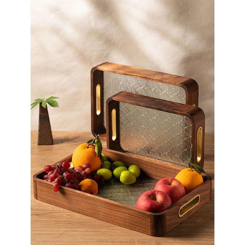 ?黑桃木质果F766n6566盘家用客厅茶几茶杯托盘长方水形玻铜把手