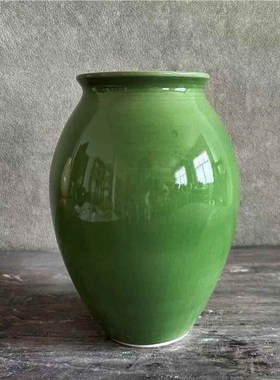 景镇复古侘厅寂91风瓷花瓶中古轻陶奢G绿色水德养鲜花器客新中式