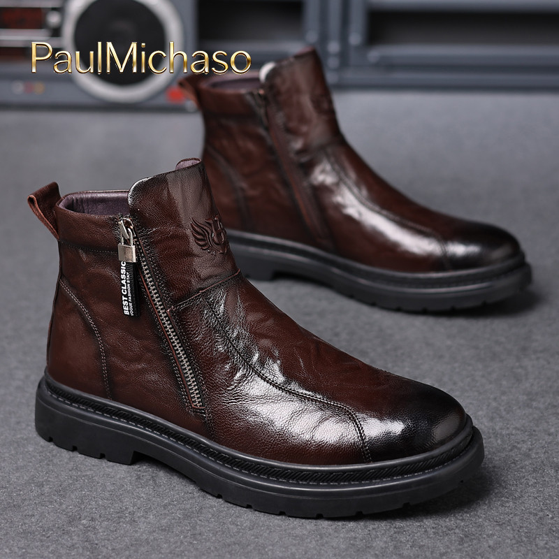 马丁靴男士2025新款冬季加绒男靴真皮高帮男鞋拉链切尔西靴子男款