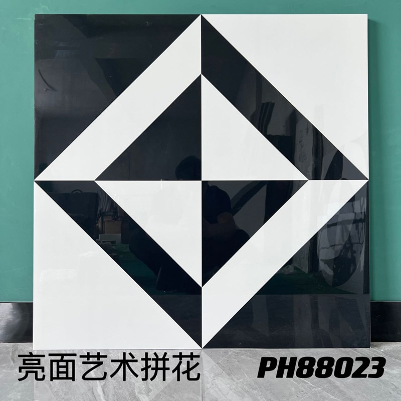 瓷砖800x800亮光全瓷地砖连锁店C餐厅KTV客厅黑白几何拼花花砖定