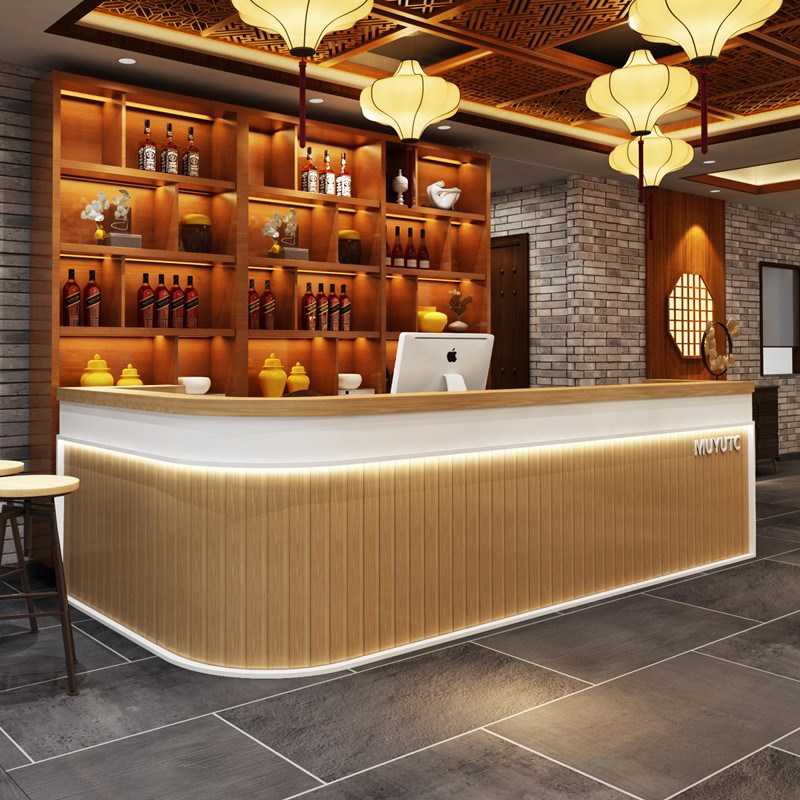 实木复古收银台转角饭店r餐厅酒吧吧台桌餐馆餐饮酒柜一体弧形定