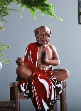 紫砂达摩摆件家居办公室桌面工艺礼品陶I瓷禅意人物客厅博古架装