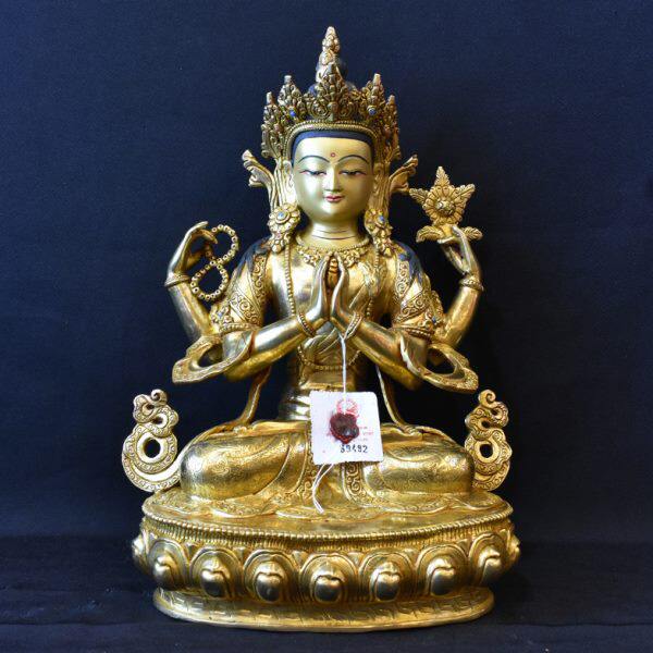 尼泊尔纯铜四臂观音居家室内供佛密宗摆件10寸铜像