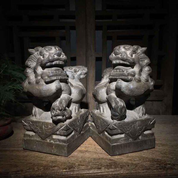 仿古石雕旧石雕山西青石暗八仙雌雄双狮中式复古中堂文玩收藏
