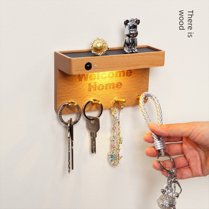 实木玄关钥匙挂勾置物架人体感应灯入户免打孔壁灯收纳可充电墙上