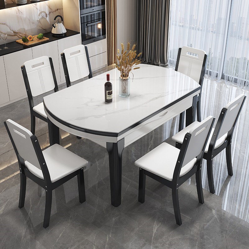 岩板餐桌c椅组合现代简约轻奢家用吃饭折叠伸缩饭桌可变圆桌小户