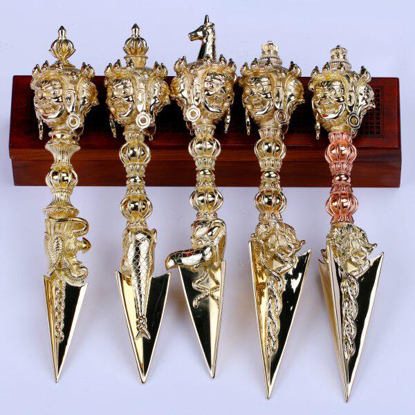 黄铜密宗金刚橛法器男士三面普巴金刚杵带底座降魔杵黄铜摆件礼品