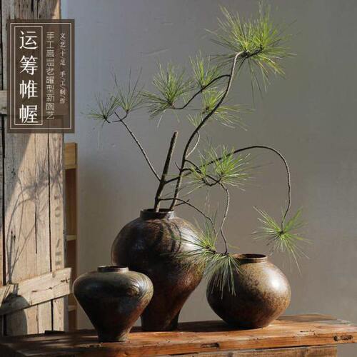 禅意复古新款民宿陶瓷花瓶餐厅样板间客厅居家装饰摆件陶罐坛子缸