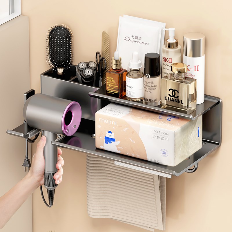 枪灰色卫生间吹风机置物架免打孔壁挂式浴室风筒梳子多功能收纳架