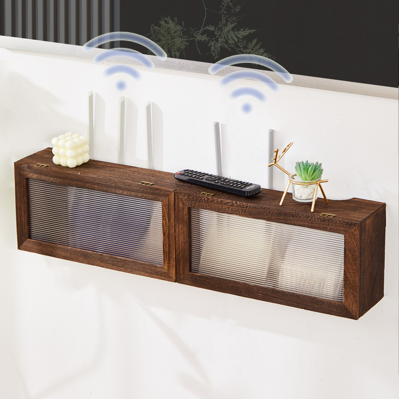 实木壁挂式无线路由器收纳盒箱wifi猫机顶盒插座插线板电源置物架