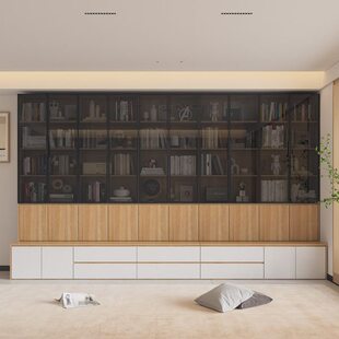 书柜整卡座定制门一体客厅储物柜带墙化钢化玻璃抽屉去组合书橱带