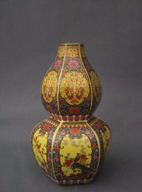 珐琅陶瓷收藏家居装饰景德镇花瓶彩花鸟展柜仿古摆件做旧葫芦