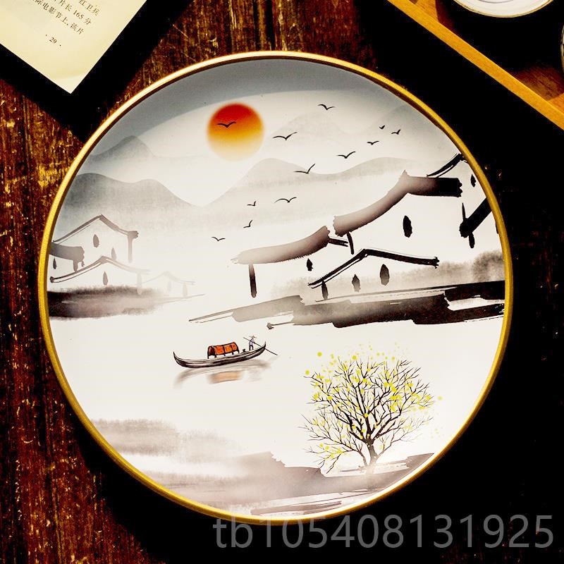 高档新装饰摆盘酒中柜书式t架坐陶瓷摆件盘子墙面挂盘徽式建筑盘