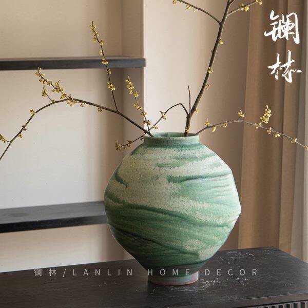 新中式陶瓷花瓶侘寂风绿星球罐复古艺术粗陶花盆插干花简约青花翠