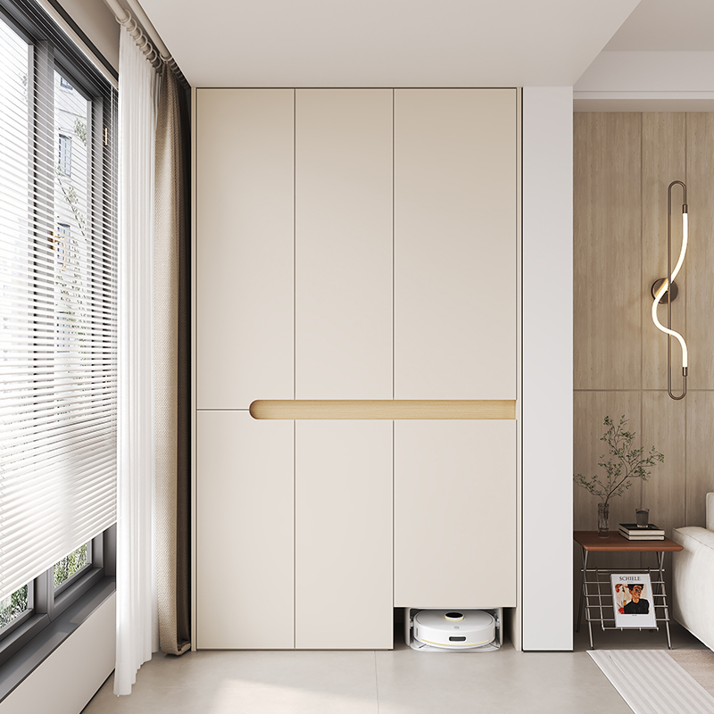 现代简约原木阳台家政柜洞洞板一体扫地机器人收纳柜洗衣机柜定制