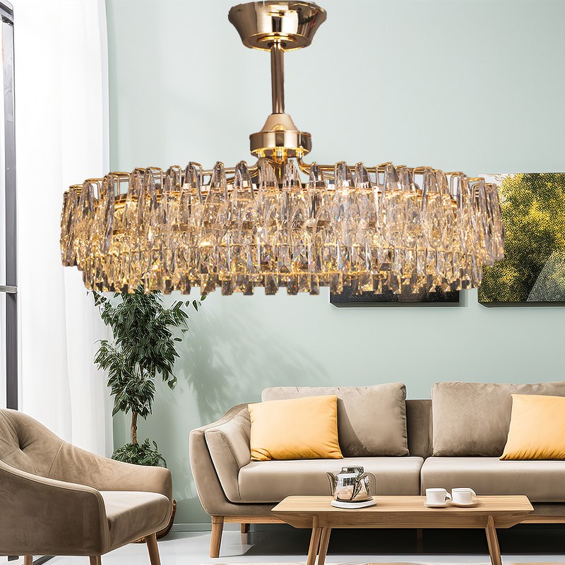 新款三层水晶原创水晶餐厅风扇吊灯客厅风扇灯智能语音全铜电机