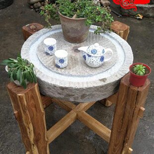 老石磨流水茶盘 复古圆形磨盘茶台石头茶桌 旧石磨配套实木架桌脚