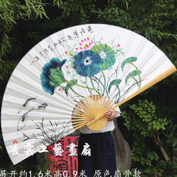 中国风大挂扇装饰扇子 工艺扇大折扇　手工竹扇　纯手绘荷花画扇