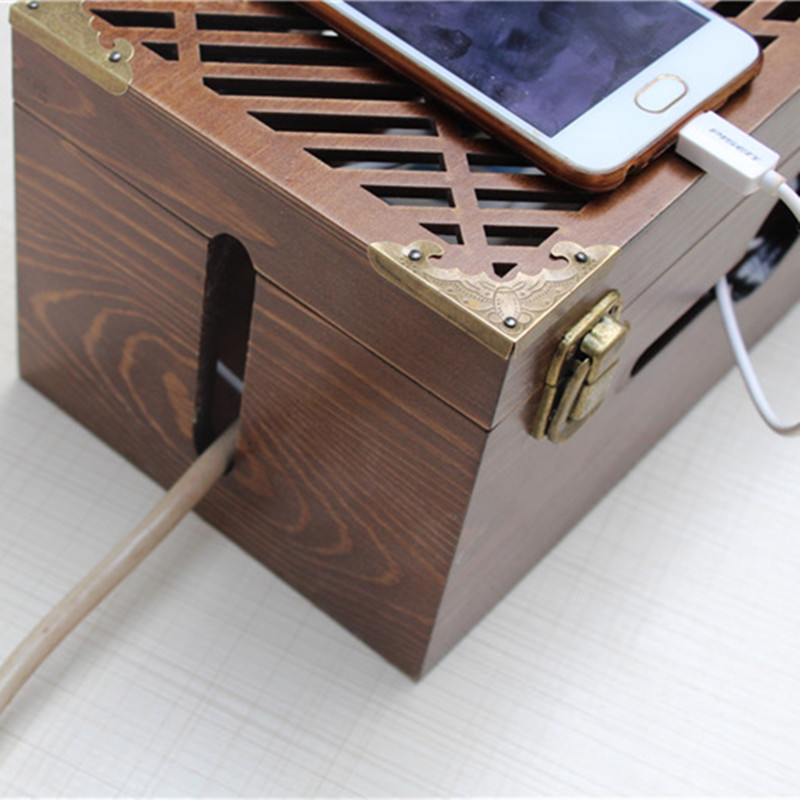 松木镂空插板盒插座盒子插排盒电源电线收纳盒卧室客厅专用集线盒