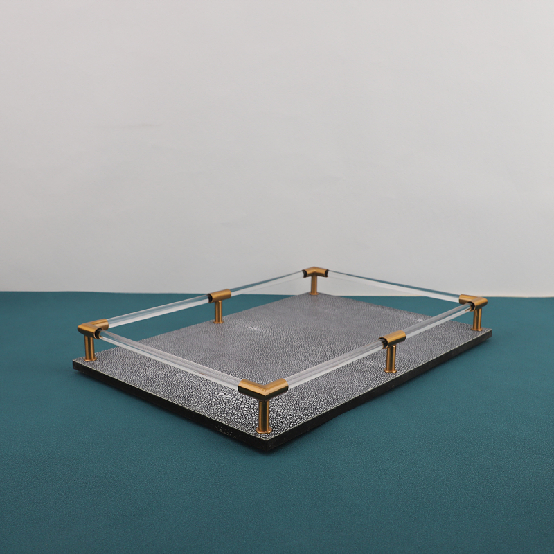 皮革木质长方形托盘摆件酒店样板间家F居饭厅北欧金属收纳果盘托