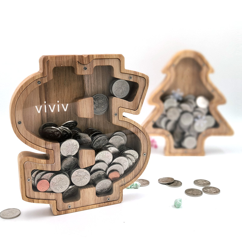 木质存钱罐钱箱存銭罐储钱罐摆件卡通透明礼品圣诞节圣.诞树压岁