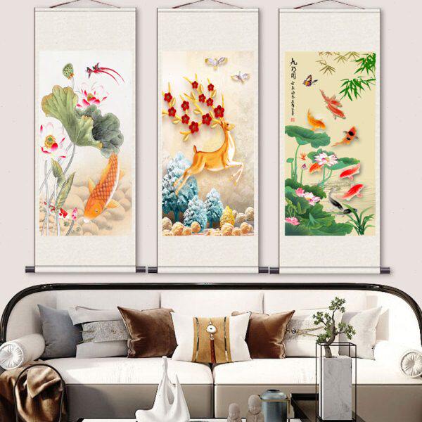 花鸟画九鱼图丝绸画孔雀卷轴画绢画高清微喷宣纸仿古画玄关装饰