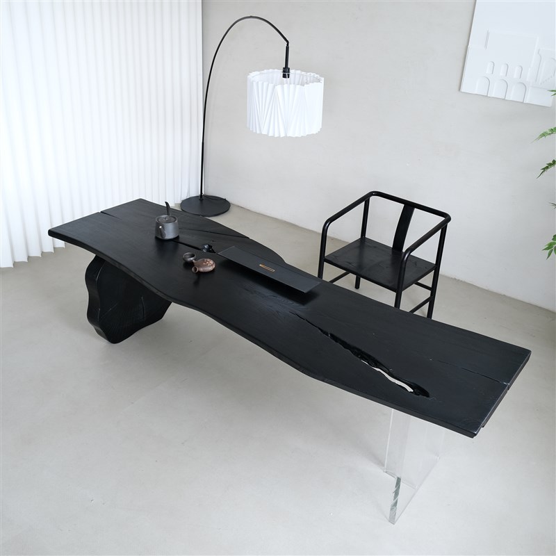 侘寂风白蜡木原木碳化黑色茶桌实木桌设计师异形整板原木大板茶台