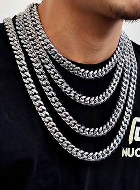 亚马逊热卖 嘻哈不锈钢加密古巴链满钻弹簧扣hiphop个性男士项链