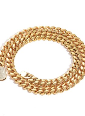 欧美不锈钢古巴链项链嘻哈男士潮牌锆石弹簧扣扣头夸张项链