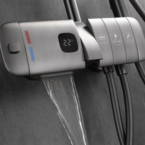 网红高端枪灰色电灯开关面板式航母恒温数显淋浴花洒套装四档增压