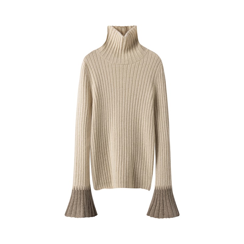 美~精致璀璨时刻!喇叭袖高领羊绒衫女纯羊绒毛衣针织打底衫秋冬