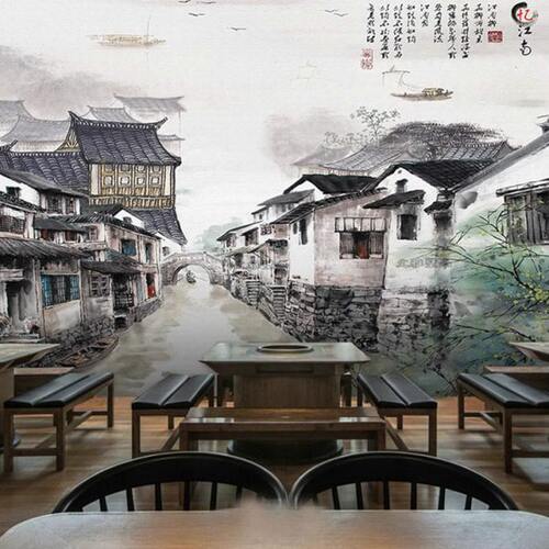 3d饭店墙纸江南水乡山水餐厅壁画火锅店复古水墨壁纸客厅背景墙布