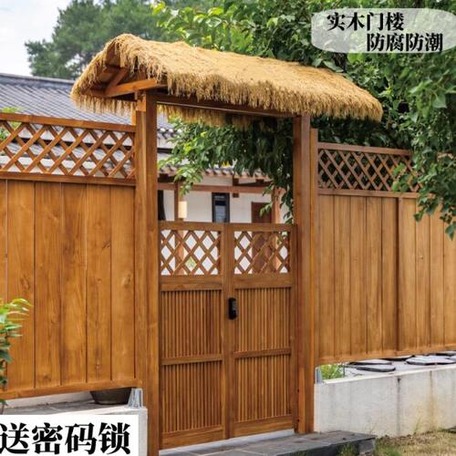 防腐木户外门楼竹栅栏篱笆花园拱门围栏墙防腐木门楼定制木门头