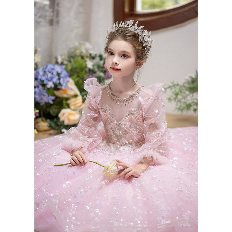 2025年花童演出服主持人公主裙女孩生日宴会儿童走秀长款礼服粉色