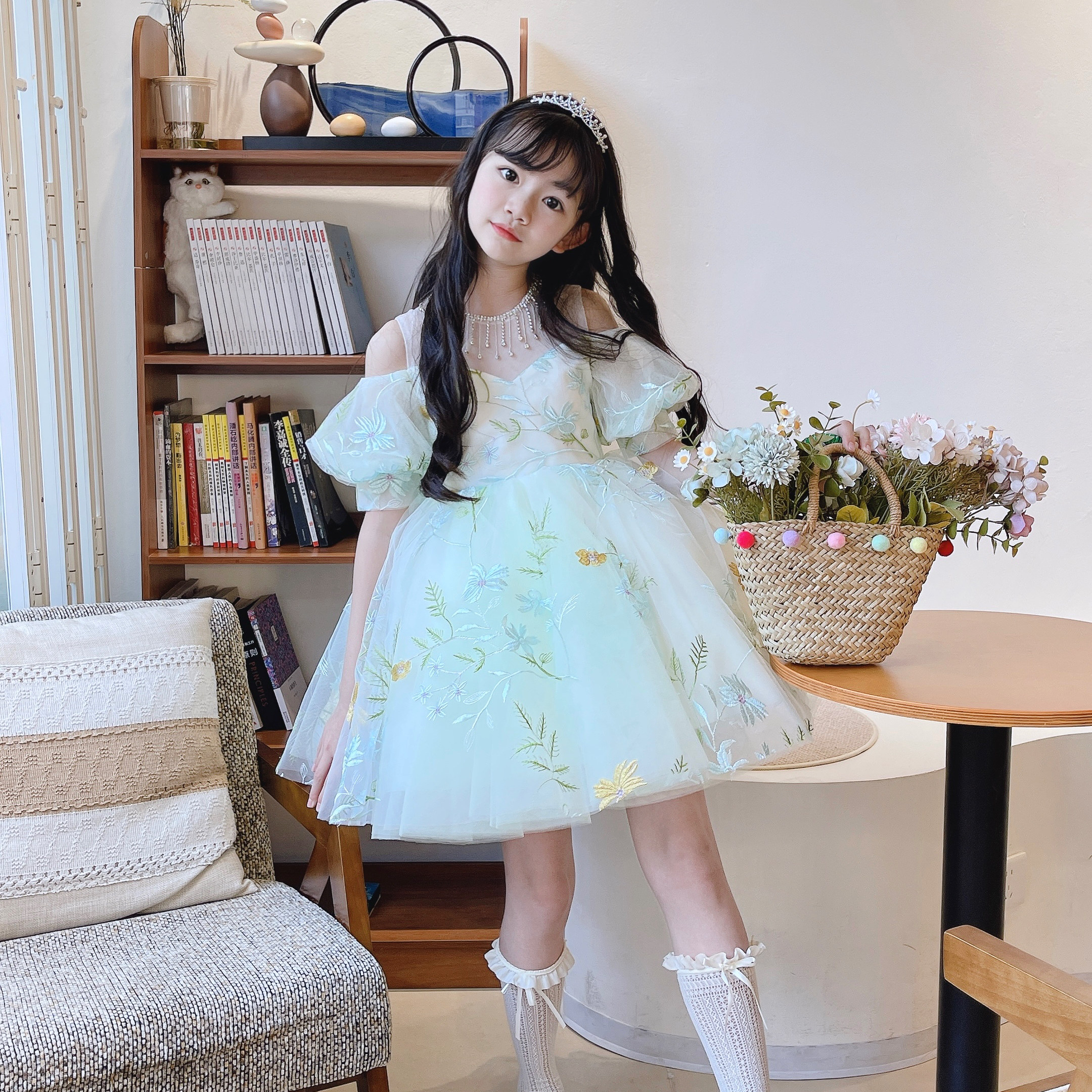 女童夏季泡泡袖网纱公主礼服