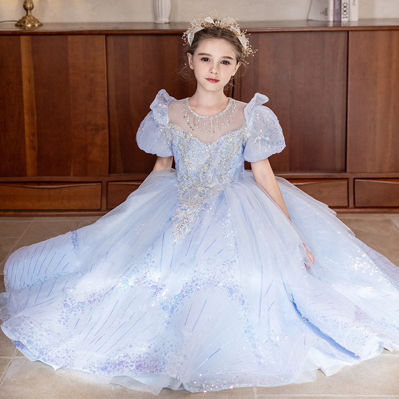 天蓝色女童礼服花童婚纱儿童生日公主裙高端轻奢洋气小女孩主持人
