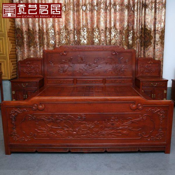 红木家具大果紫檀古典中式鸳鸯戏水双人床实木花梨木卧室带床头柜