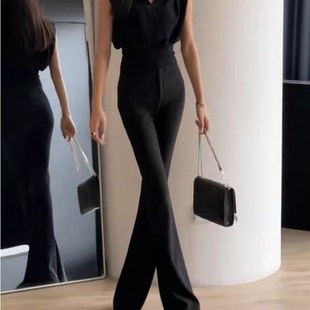 高腰显瘦垂感小个子黑色弹力拖地微喇裤 西装 新款 女2024夏季 喇叭裤