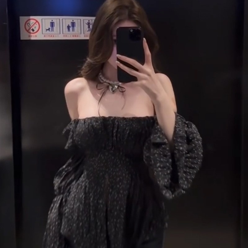 XZY 微胖辣妹一字肩喇叭袖波点雪纺上衣女25年早秋性感短裤两件套