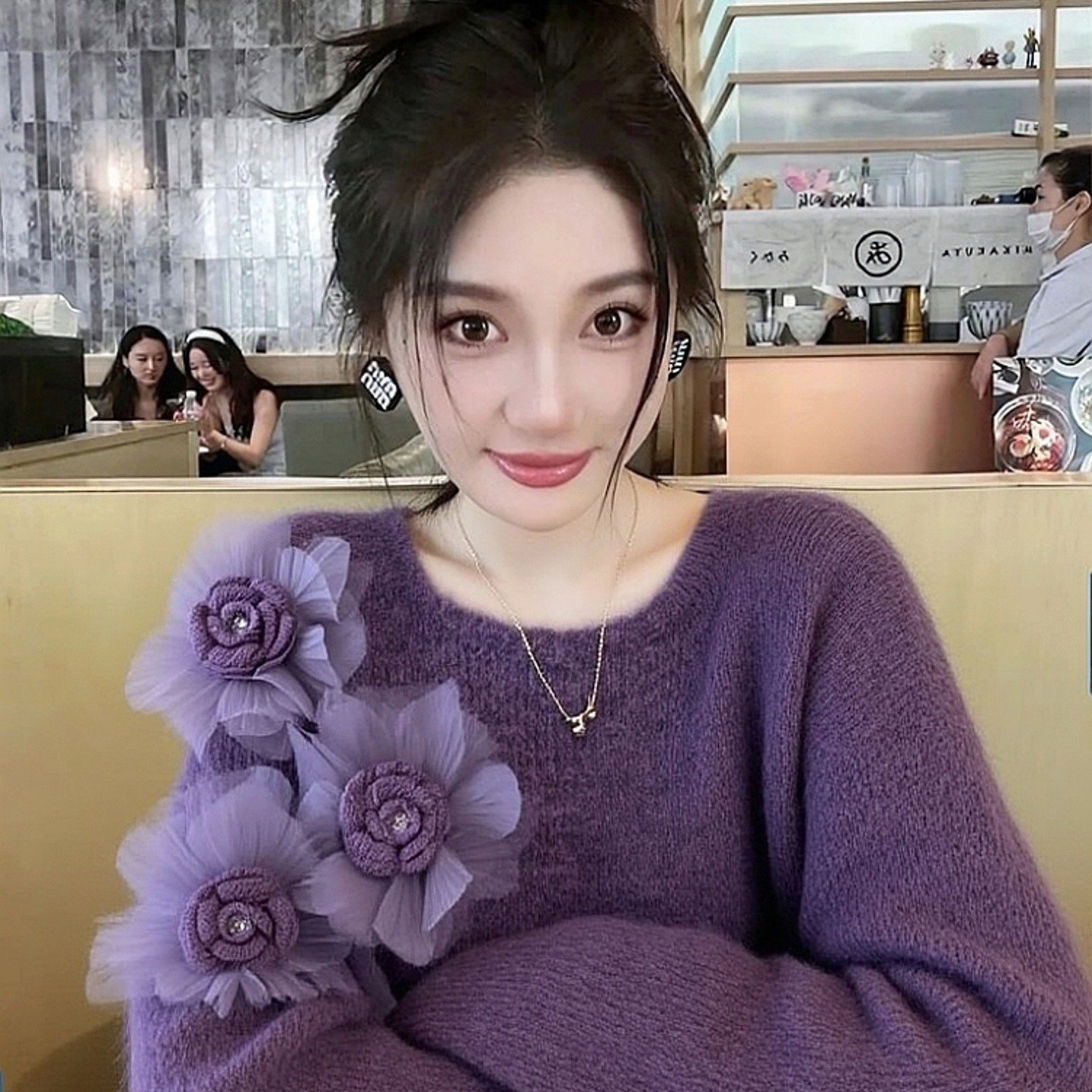 2025秋冬绝美巨好看漂亮气质淡人温柔高知穿搭紫色花朵毛衣上衣女