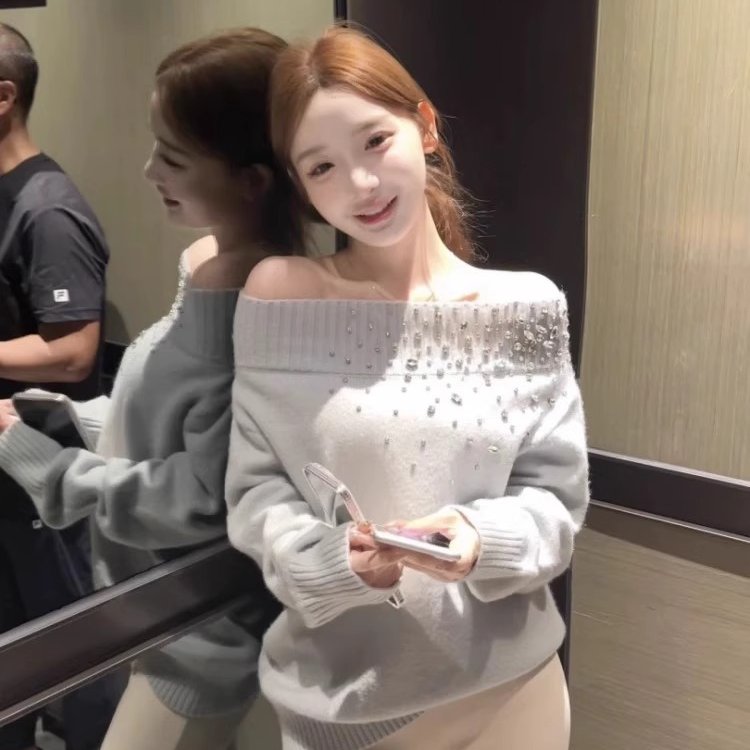 法式一字肩重工钉珠针织衫女秋冬新款设计感小众宽松显瘦毛衣上衣