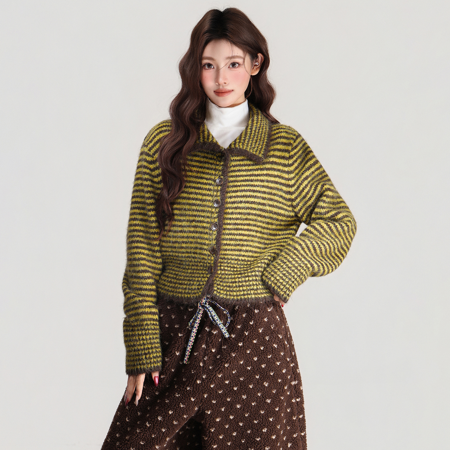 实拍实价POLO领条纹针织毛衣长袖秋冬新款开衫外套慵懒感上衣女