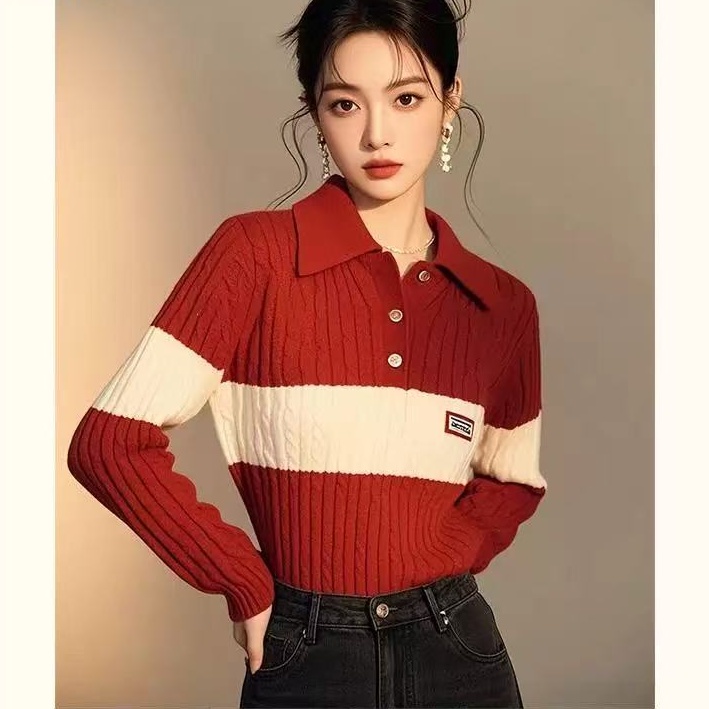 2025蛇年红色毛衣女冬季新款高级感宽松polo领针织衫内搭打底上衣
