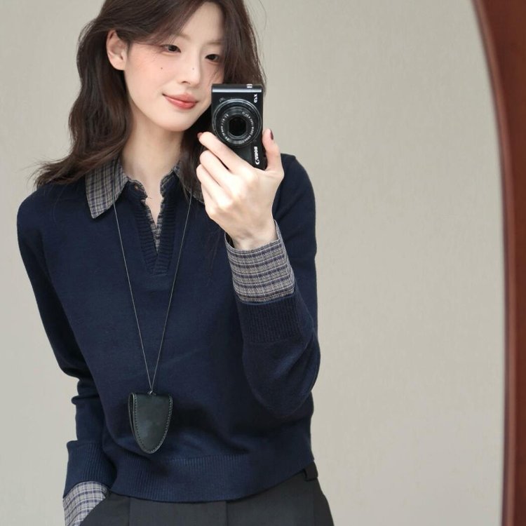 韩系内搭藏蓝色polo领针织打底衫女春秋穿搭短款毛衣翻领长袖上衣