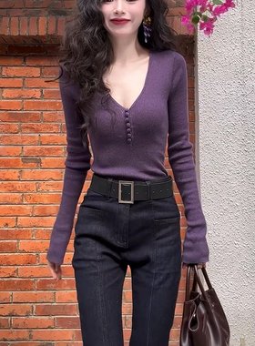 已到货  紫色羊毛针织上衣女