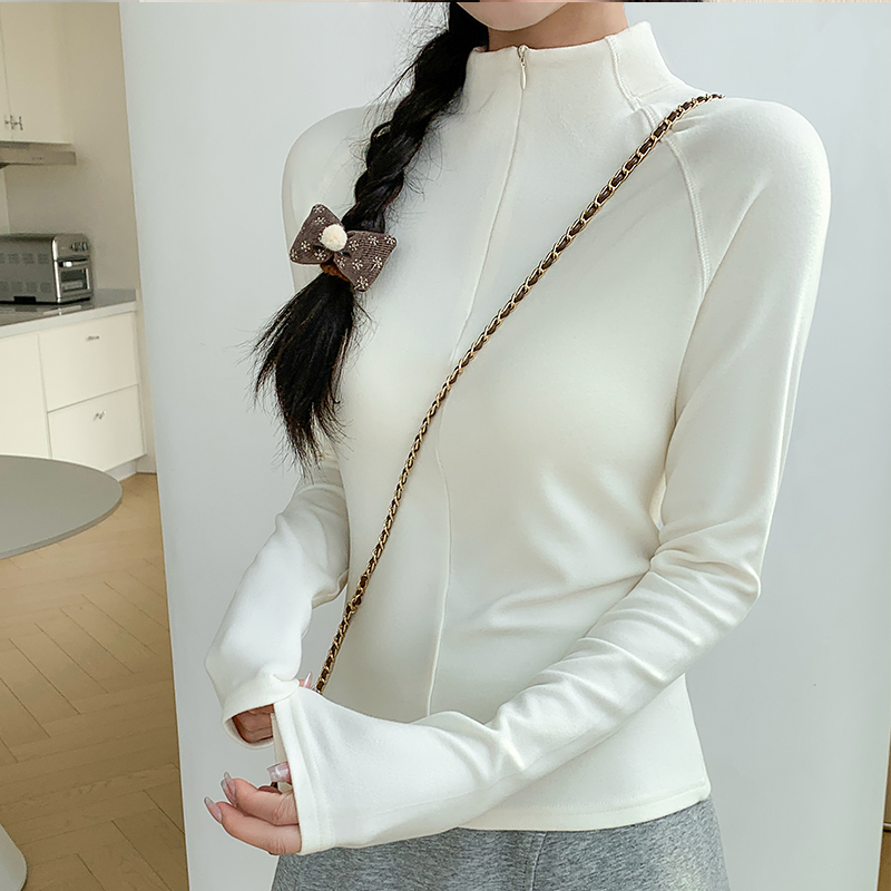 半高领德绒加绒打底衫内搭女2024q年秋冬新款鱼骨半拉链上衣T恤