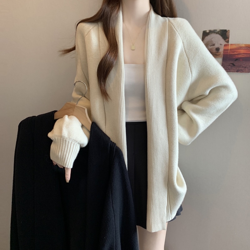 实拍~法式毛衣外套开衫女秋冬大码加厚宽松慵懒风中长款针织上衣