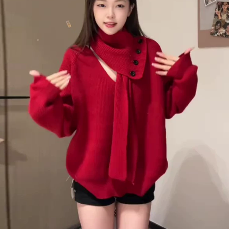 圣诞穿搭红色配围巾毛衣女2025新款冬季软糯毛线衣厚毛织上衣慵懒